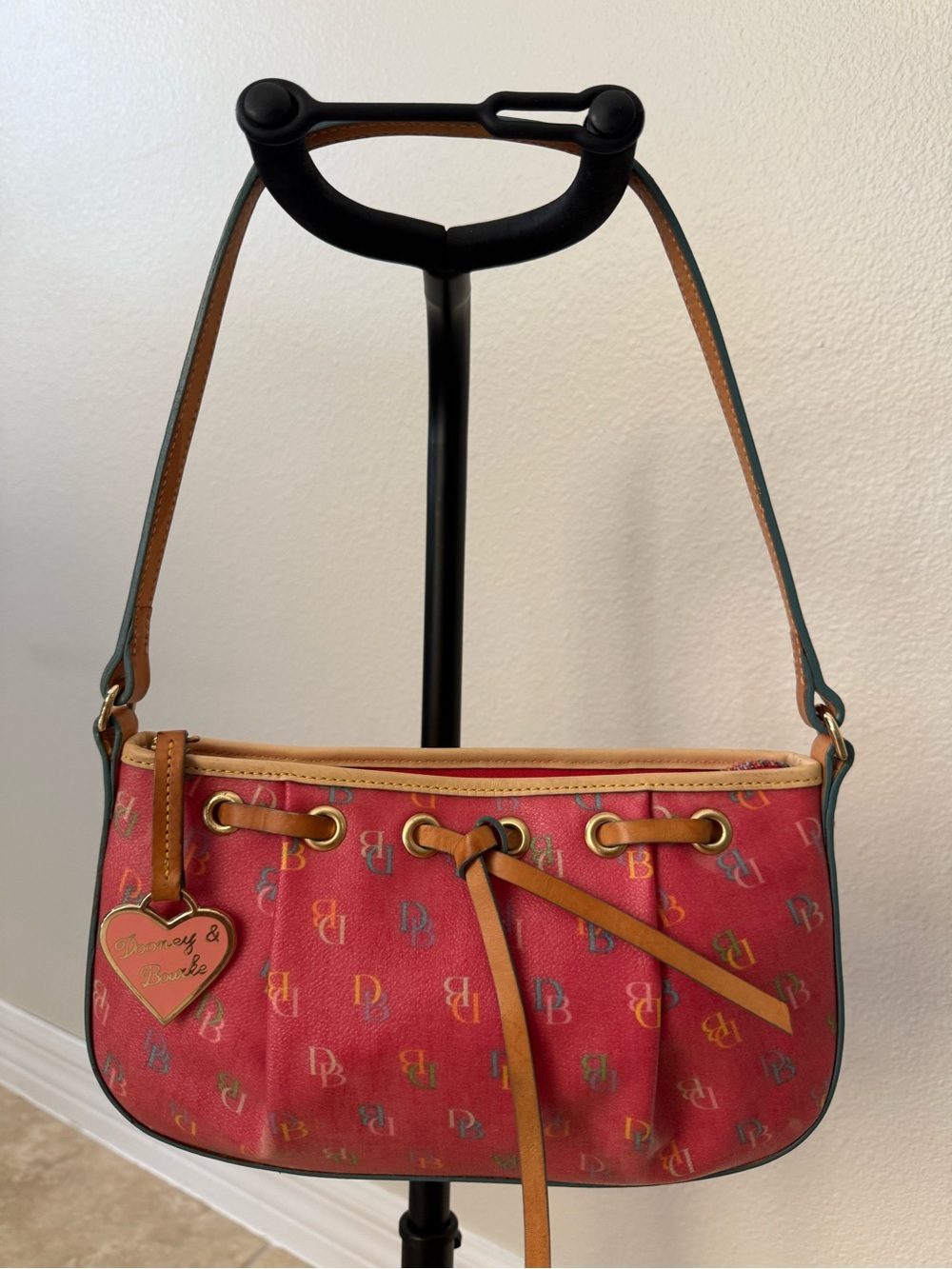 Rare Vintage Dooney & Bourke pink Logo Shoulder Bag vachetta leather trim